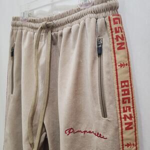 Pimperelli Unisex Velvet BAGSZN Beige Red Trim Elastic Waist Jogger Pants Small